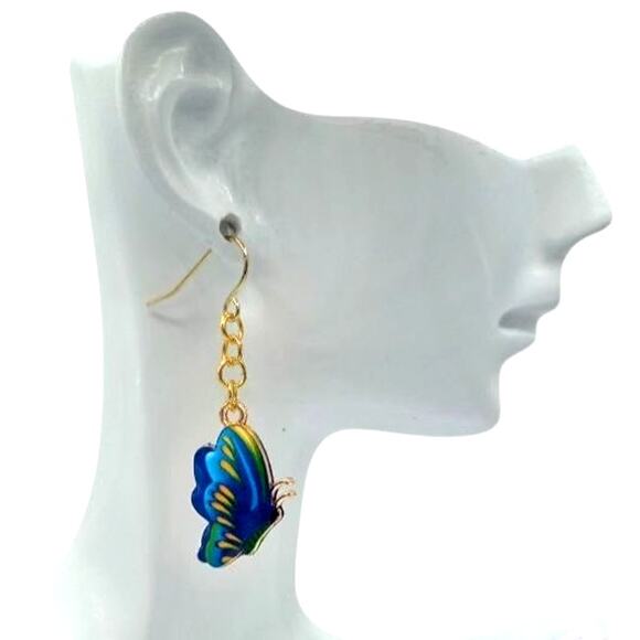 Blue Green Yellow Butterfly Earrings Colorful Jewelry Gift for Her - Picture 2 of 3